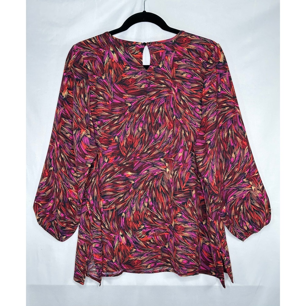 CJ Banks Womens 3X Abstract Feather Print Blouse Pink Purple 3/4 Sleeve Top